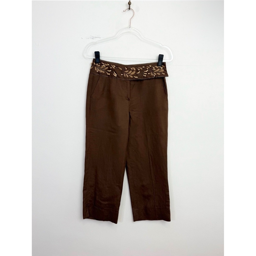 Vintage Y2K Larry Levine Embellished Linen Blend Cropped Pants Brown Boho Size 4